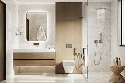 Renovated modern bathroom with wooden details and white marble tiles